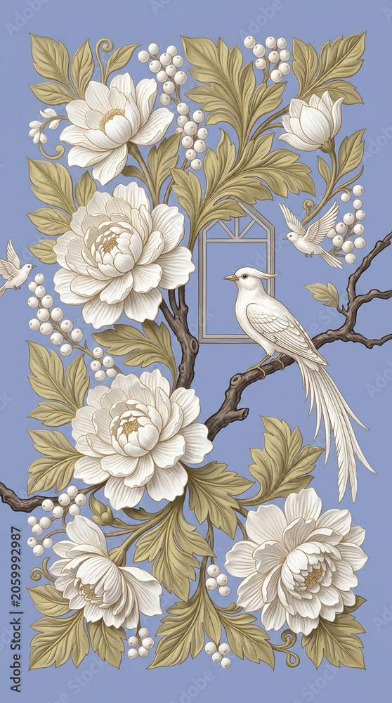 Obraz premium Ornate white floral pattern with birds and berries on a blue background, evoking a sense of natural elegance and tranquility.