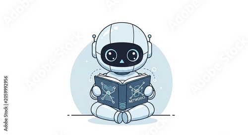 Small robot mascot reading science book with DNA.