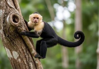 White-faced Capuchin Monkey Climbing a Tree in a Lush Forest
