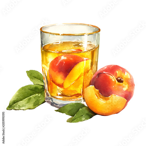 Watercolor peach juice with ripe peaches and fresh leaves isolat