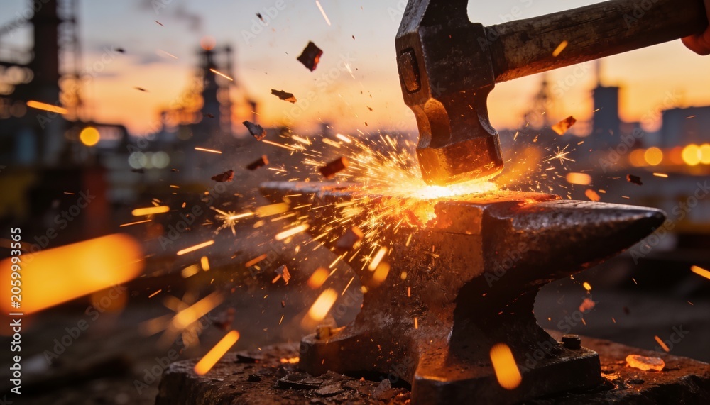 Fototapeta premium Hammering glowing hot metal with heavy hammer on anvil at outdoor forge, sending sparks flying