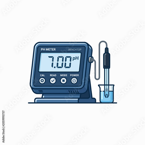 A digital benchtop pH meter with a probe immersed in a beaker of liquid, displaying a reading of 7.00 pH.