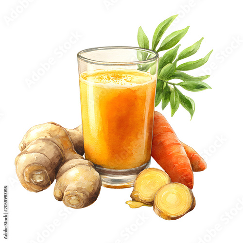 Watercolor ginger carrot juice featuring nutritious root ingredi