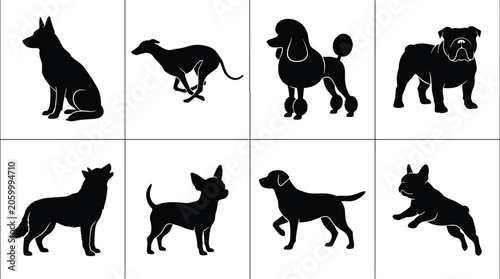 Photos Black dog silhouettes icon set featuring various popular purebred breeds isolate