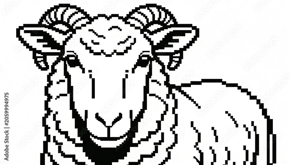 Fototapeta premium Displaying 8-bit ram angled right in white field, showing curved horns, wool and black outline