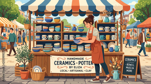 Cuadro en lienzo Woman selling handmade ceramics outdoors market.