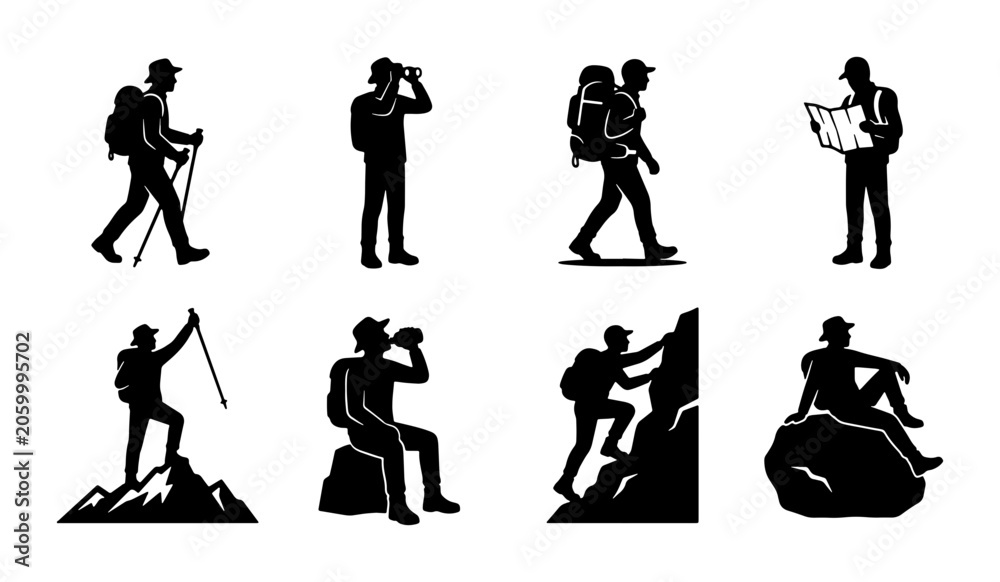 Fototapeta premium Hiking Silhouette Icons Set, Mountain Trekking Adventure, Outdoor Exploration Vector Graphics, Backpacking Journey Illustrations
