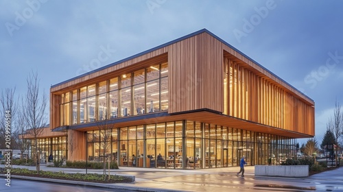 Modern library at dusk, illuminated facade, city street in background