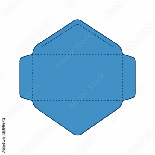 Blue envelope die-cut template in a flat, unfolded layout. The design features a rectangular center with triangular top and bottom flaps and rounded side tabs for custom packaging.