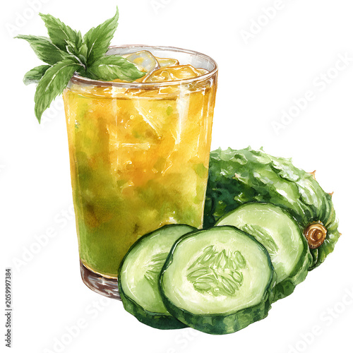 Watercolor pineapple cucumber juice blending tropical and fresh