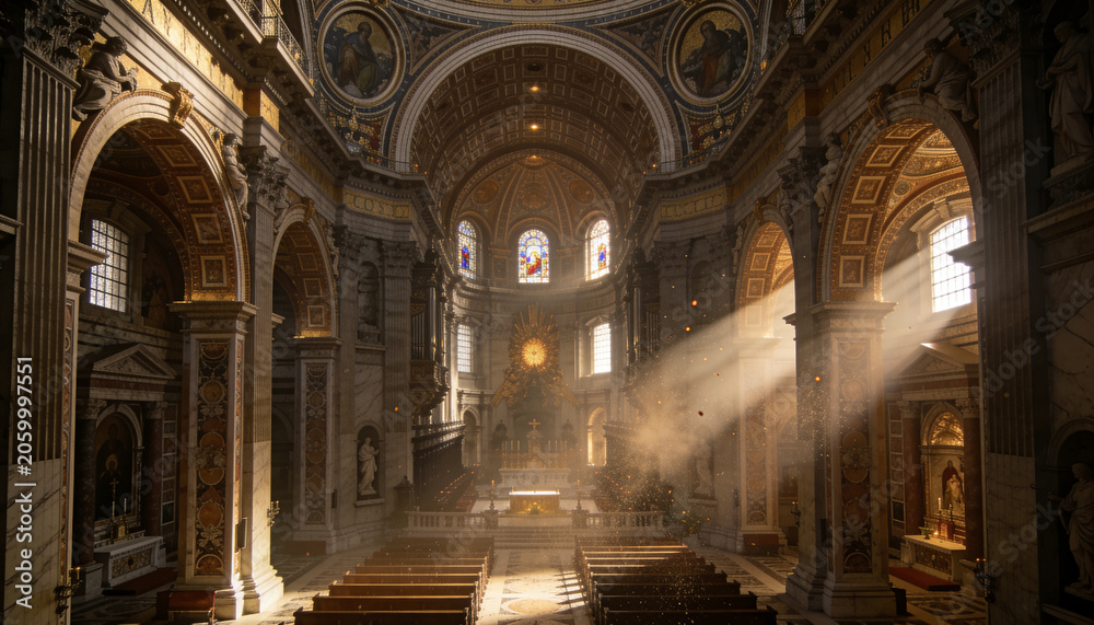 Fototapeta premium Leading central nave drawing eye toward elevated altar with gilded sunburst at historic cathedral