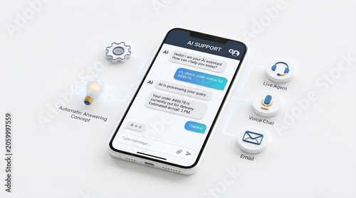Smartphone with AI Chatbot Interface, Speech Bubbles and Automatic Customer Support on Minimal White Background