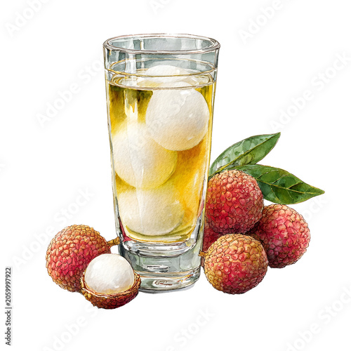 Watercolor lychee juice in glass with exotic tropical fruit isol
