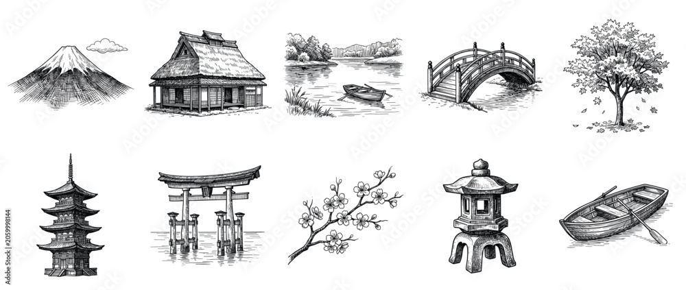 Obraz premium Japanese landscape icons set. Traditional Asian culture and nature concept. Includes Mount Fuji, traditional house, lake with boat, wooden bridge, autumn tree, pagoda, torii gate, cherry