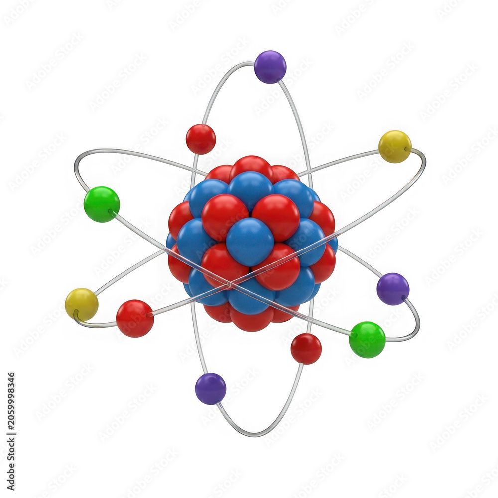 Obraz premium Colorful atom model with a central nucleus and orbiting particles representing science and physics study isolated on transparent background , PNG
