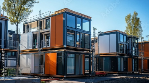 Modern modular homes under construction, sunny day, urban development