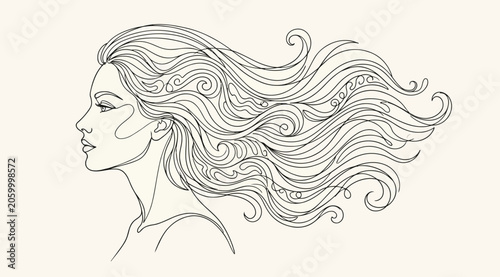 Foto Line art illustration of a woman in profile with long flowing hair