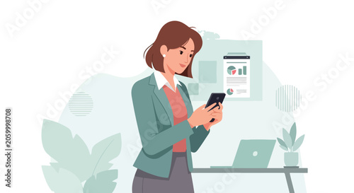A professional woman in a blazer stands in an office environment, focused on her smartphone while a laptop and charts appear in the background.
