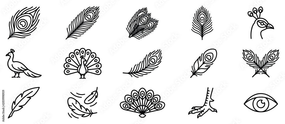 Fototapeta premium Peacock icons set. Elegant bird and feather concept. Includes peacock feather, peacock head, full peacock, peacock fan, peacock foot, eye. Flat and line style