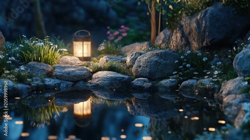 Night garden scene, lantern reflecting in calm water, tranquil forest background