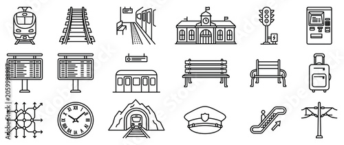 Train station icons set. Public transportation and travel concept. Includes train, railway, platform, station building, traffic light, ticket machine, timetable, bench, luggage, clock,
