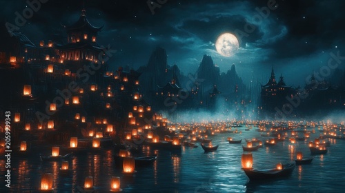 Night lanterns float on river by ancient Chinese city under a full moon