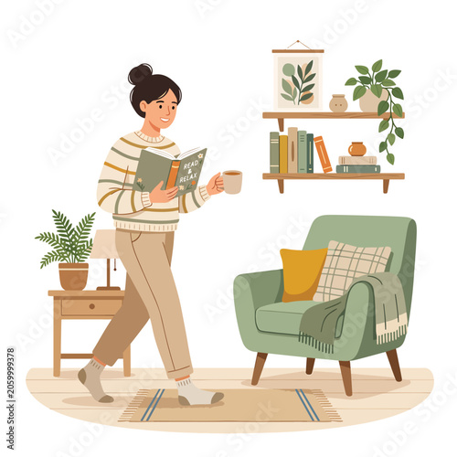 Quadro su tela Woman Reading Book in Cozy Living Room.