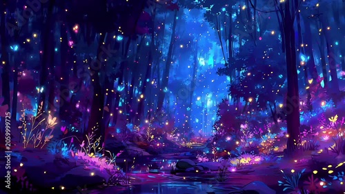 Fantasy, mysterious, wallpaper. A vivid digital artwork depicts a mystical forest at night. The forest is bathed in a spectrum of colors deep blues, purples, and pinks. Tall.