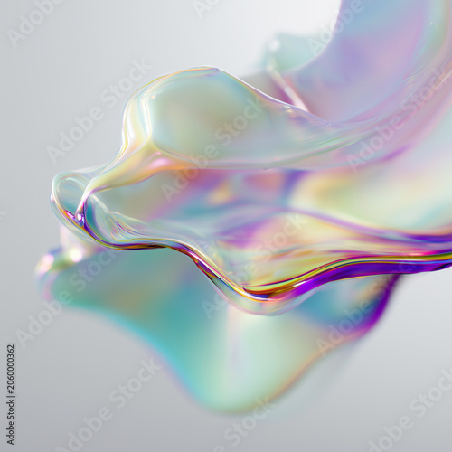 Iridescent holographic liquid shape flowing on light gray background.