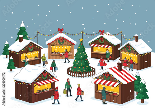 A snowy Christmas market scene with wooden stalls