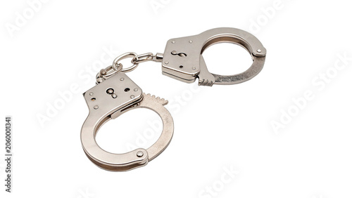 Pair of shiny metallic steel police handcuffs crime justice concept isolated on transparent background Png cut out