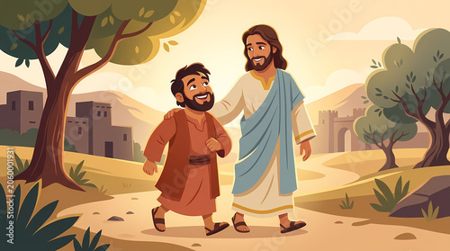 Jesus walks with Zacchaeus, a tax collector, on a path towards ancient buildings