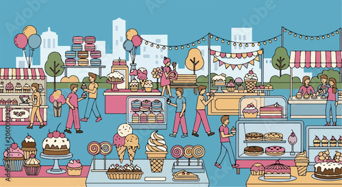 Canvas Print Colorful illustration of a bustling outdoor sweet treat market