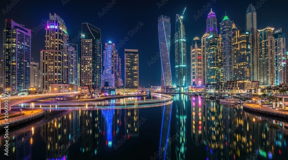 Fototapeta premium Stunning Dubai Marina Skyline at Night with Illuminated Skyscrapers Reflecting in Calm Water Modern Urban Architecture and Futuristic Cityscape
