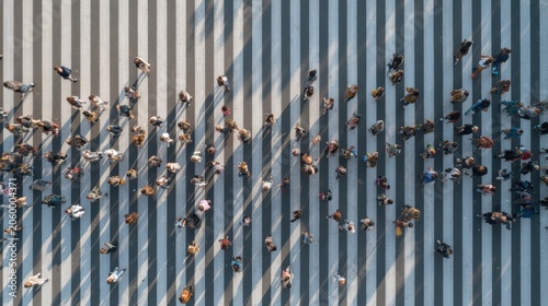 A large crowd crosses a wide striped intersection in a metropolitan area. The scene shows people moving in multiple directions under bright daylight, captured from a high angle