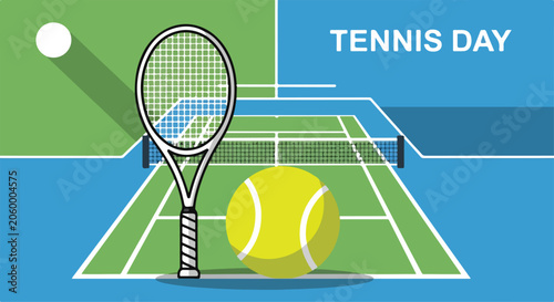 A tennis racket and ball on a court