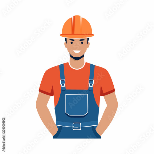 Construction Worker in Hard Hat and Overalls