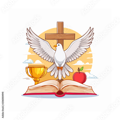 Dove with Cross and Religious Symbols Illustration