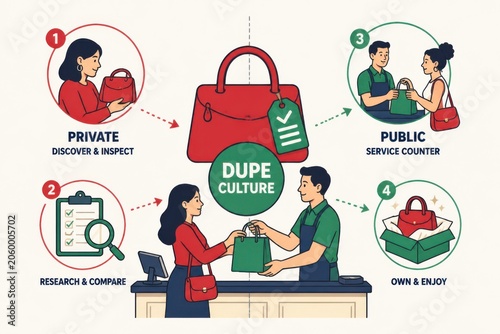 Dupe culture shopping concept with people comparing and buying affordable lookalike products