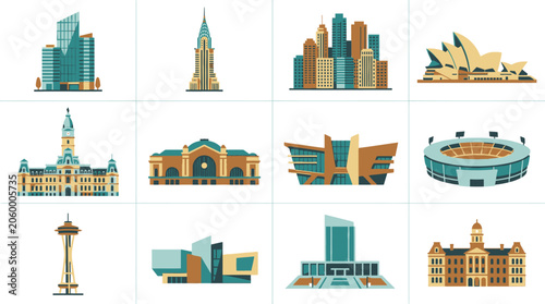 Flat vector world landmarks and iconic buildings collection
