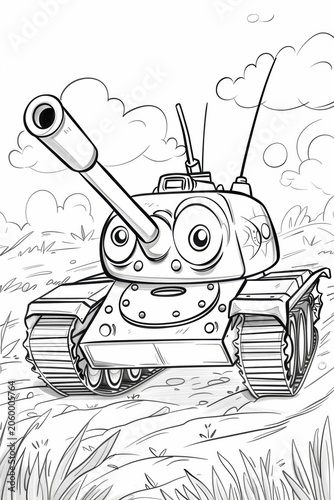 Friendly cartoon tank with big eyes and happy expression. AI-generated.