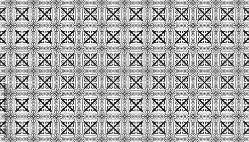 Black and White Ornamental Geometric Seamless Tile Pattern with Floral Motifs