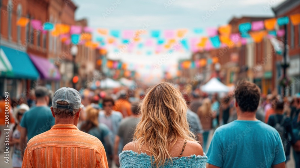 Obraz premium People enjoying a vibrant street festival with colorful decorations overhead