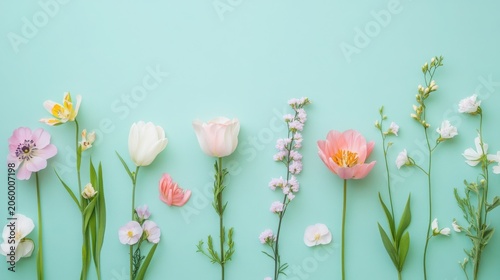 Assorted spring flowers arranged in a flat lay composition on a soft pastel mint green background for floral design projects