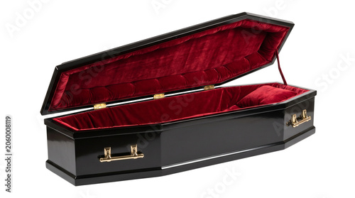 Φωτογραφία Glossy black open coffin with red velvet interior and golden handles, traditiona