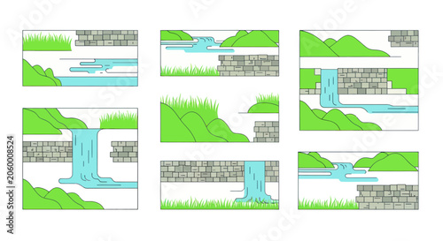 Minimalist landscape scenes with waterfalls hills and stone walls