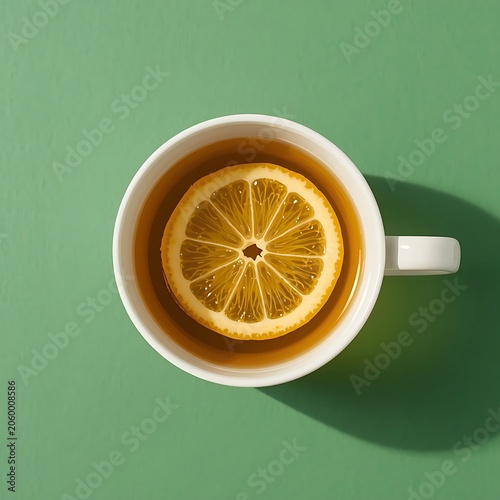 Lemon Tea Cup Top View Green Background Fresh Slice