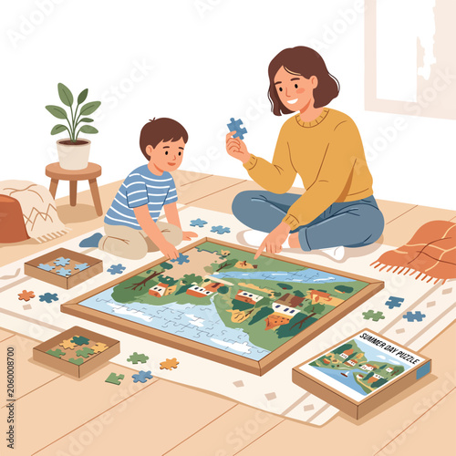 Woman and child doing jigsaw puzzle.