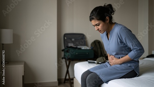 Indian woman tourist suffering from stomach ache and food poisoning while sitting on bed in hotel room. Travel health issues and food safety awareness banner with copy space