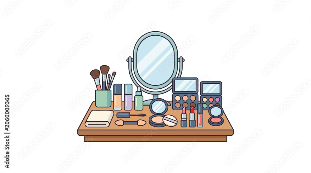 Fototapeta premium Flat design illustration of a vanity table with makeup products and cosmetics